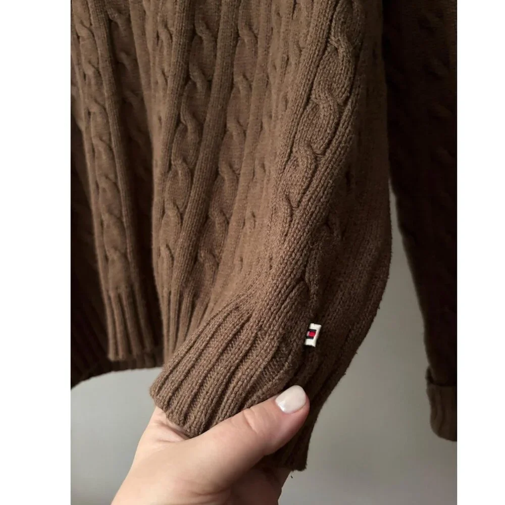 Y2K Brown Cotton Cable knit Sweater | Vintage Boxy Soft Crewneck - Picture 2 of 5